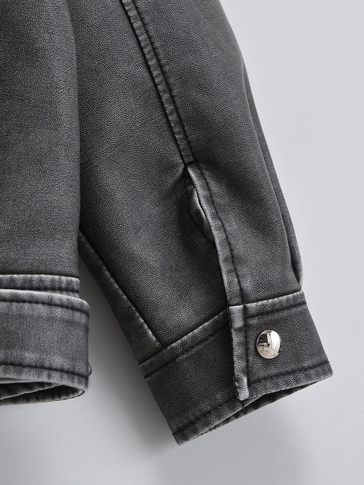 Oversize Vintage-Leder Jacke mit Gürtel